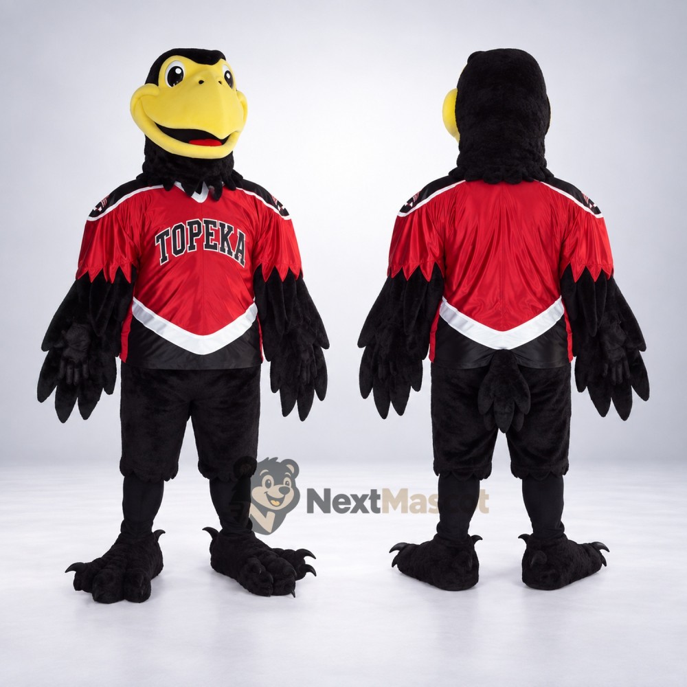 Raven Mascot Costume - Black, Red Jersey