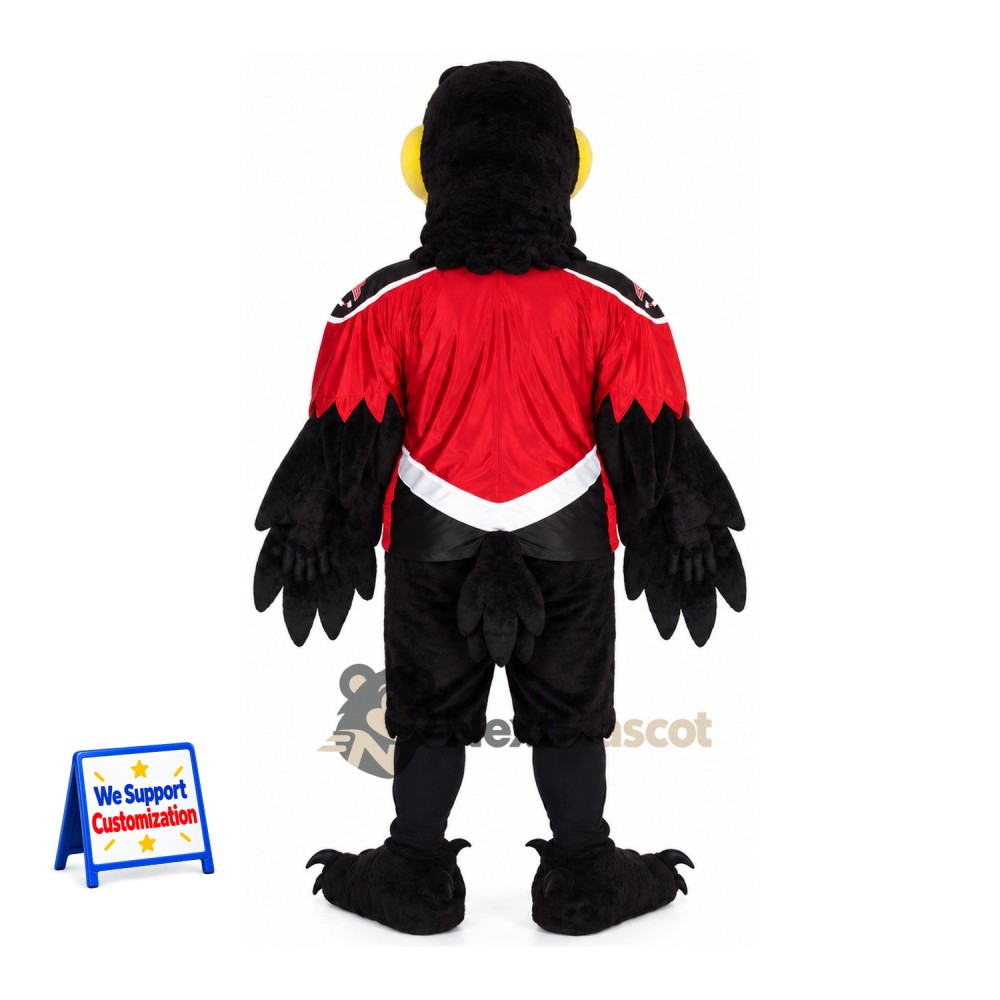 Raven Mascot Costume - Black, Red Jersey