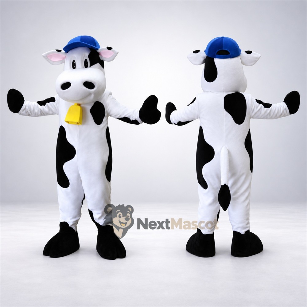Cow Mascot Costume - Spotted, Blue Cap and Bell