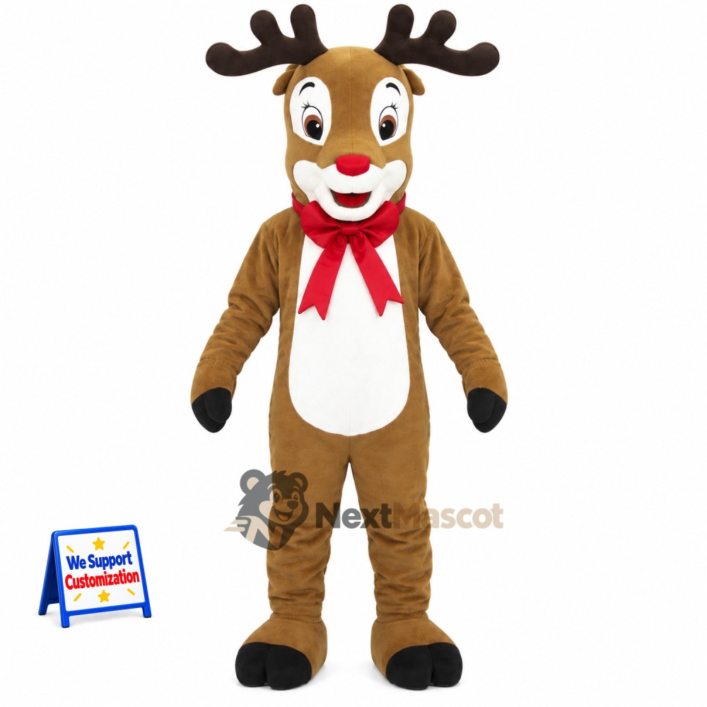 Deer Mascot Costume - Brown, Red Bow Tie Deer Mascot Costume - Brown, Red Bow Tie