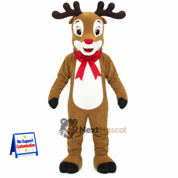 Deer Mascot Costume - Brown, Red Bow Tie