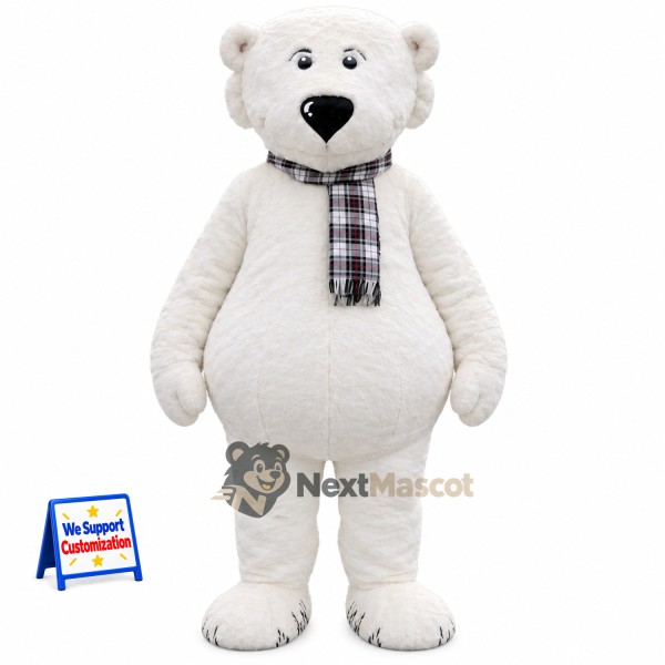 Bear Mascot Costume - White, Plaid Scarf