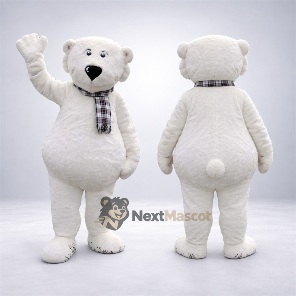 Bear Mascot Costume - White, Plaid Scarf Bear Mascot Costume - White, Plaid Scarf
