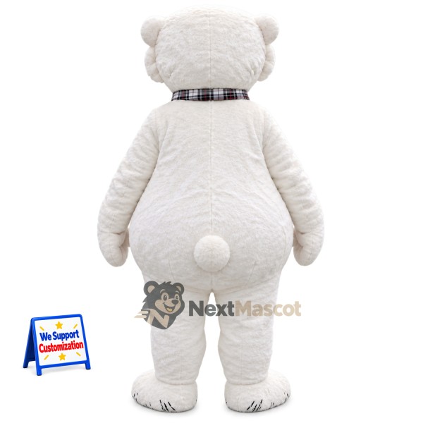 Bear Mascot Costume - White, Plaid Scarf