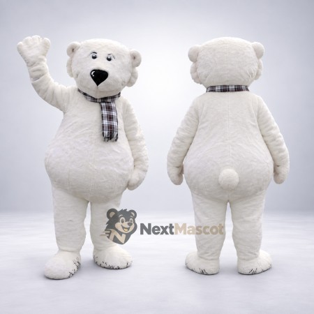 Bear Mascot Costume - White, Plaid Scarf Bear Mascot Costume - White, Plaid Scarf