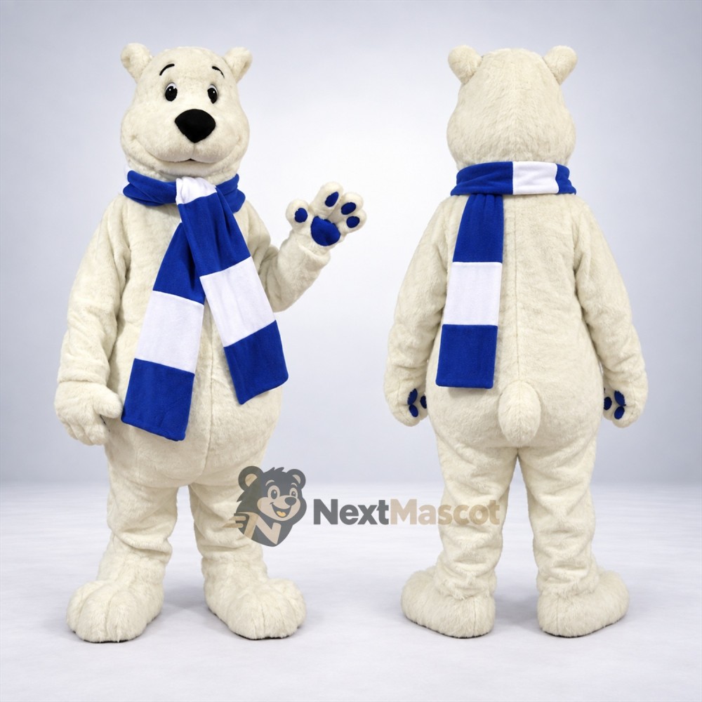 Bear Mascot Costume - White, Blue Scarf for Festivals