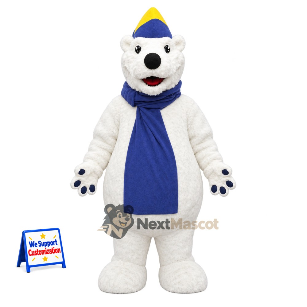 Bear Mascot Costume - White, Blue Scarf and Winter Hat Bear Mascot Costume - White, Blue Scarf and Winter Hat