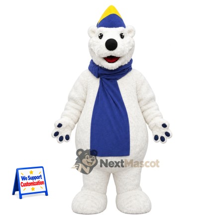 Bear Mascot Costume - White, Blue Scarf and Winter Hat Bear Mascot Costume - White, Blue Scarf and Winter Hat