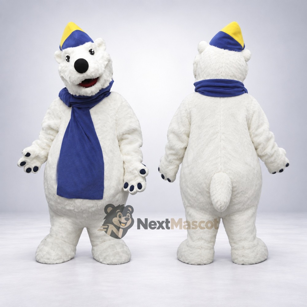 Bear Mascot Costume - White, Blue Scarf and Winter Hat Bear Mascot Costume - White, Blue Scarf and Winter Hat