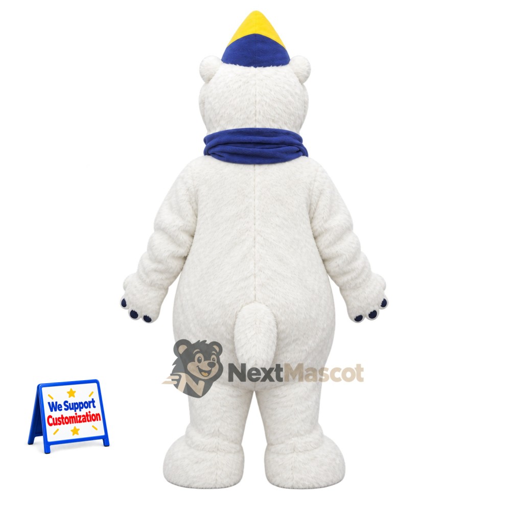 Bear Mascot Costume - White, Blue Scarf and Winter Hat Bear Mascot Costume - White, Blue Scarf and Winter Hat