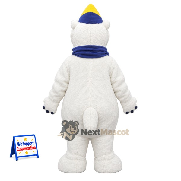Bear Mascot Costume - White, Blue Scarf and Winter Hat