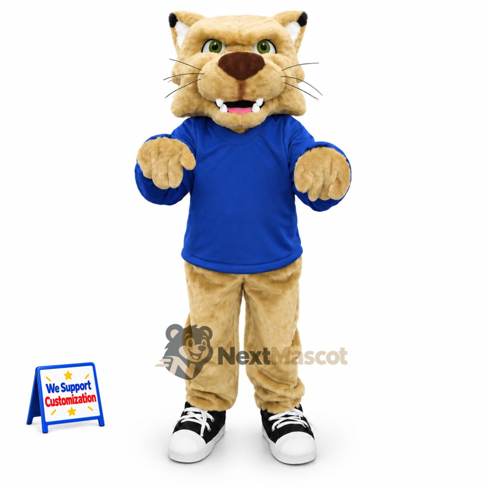Cougar Mascot Costume - Tan, Blue Shirt