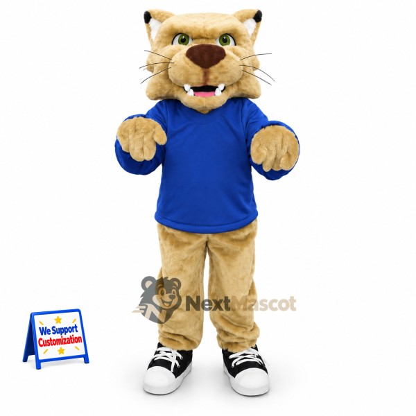 Cougar Mascot Costume - Tan, Blue Shirt