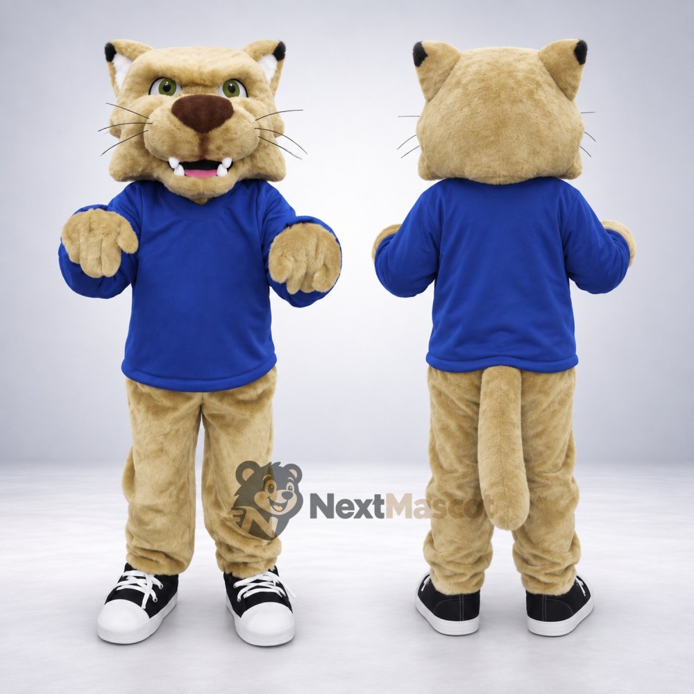 Cougar Mascot Costume - Tan, Blue Shirt