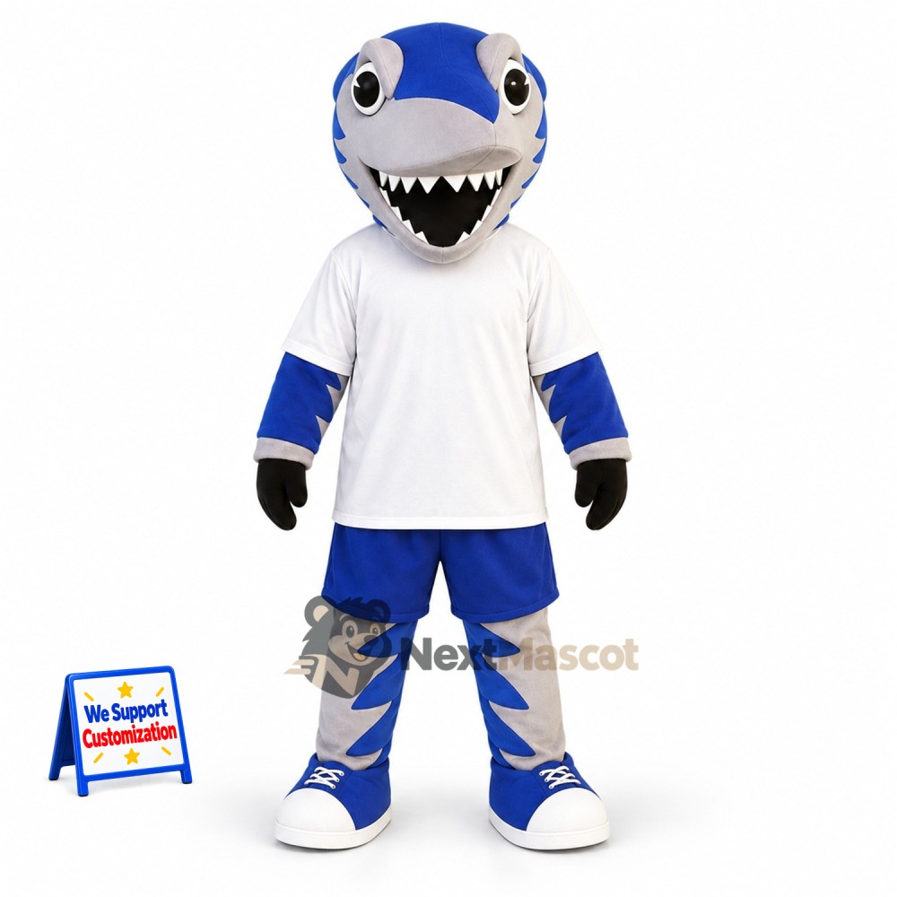 Shark Mascot Costume - Blue, White Shirt for Ocean Events Shark Mascot Costume - Blue, White Shirt for Ocean Events