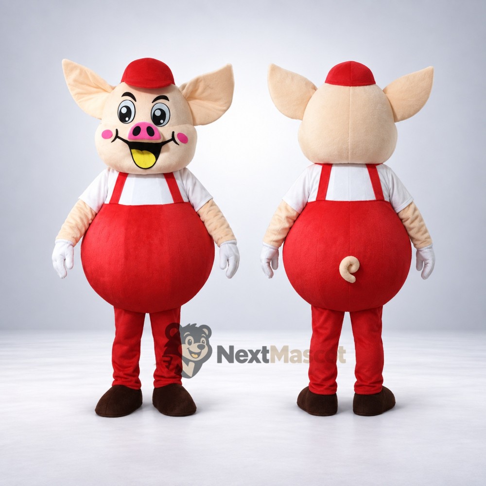 Pig Mascot Costume - Red Overalls Pig Mascot Costume - Red Overalls