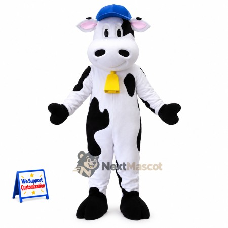 Cow Mascot Costume - Spotted, Blue Cap and Bell for Parades Cow Mascot Costume - Spotted, Blue Cap and Bell for Parades