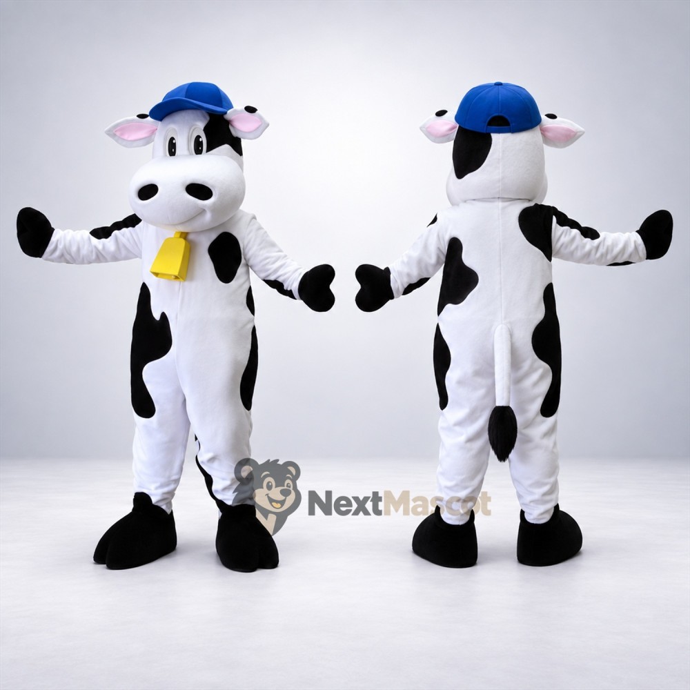Cow Mascot Costume - Spotted, Blue Cap and Bell for Parades Cow Mascot Costume - Spotted, Blue Cap and Bell for Parades