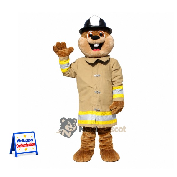 Beaver Mascot Costume - Tan Firefighter Coat