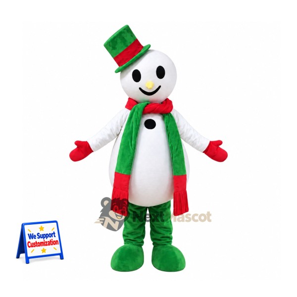 Snowman Mascot Costume - Green Scarf and Red Mittens