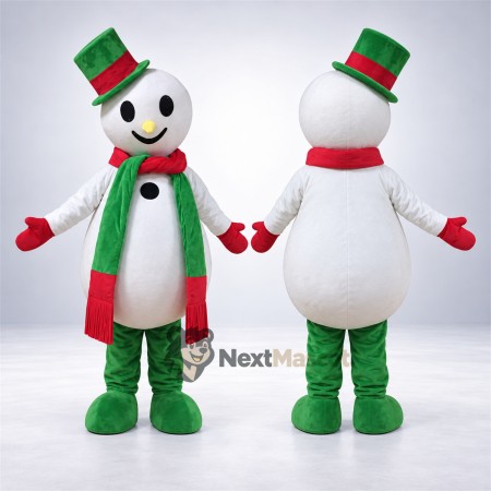 Snowman Mascot Costume - Green Scarf and Red Mittens