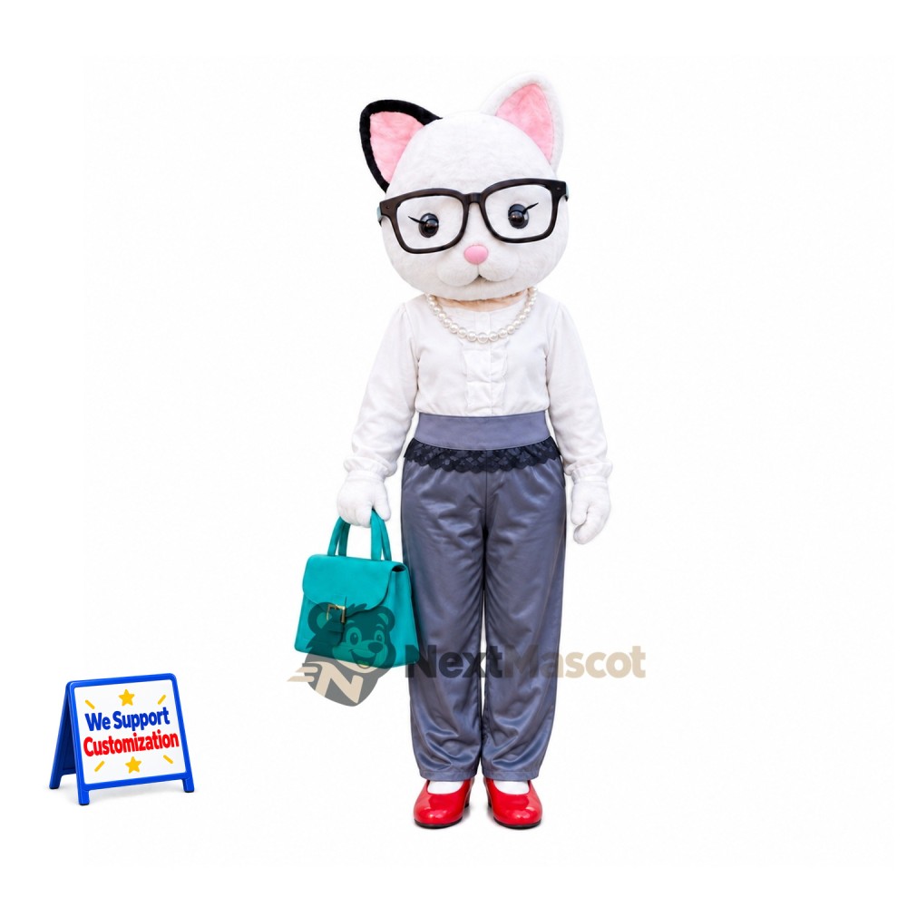 Cat Mascot Costume - White, Glasses Cat Mascot Costume - White, Glasses