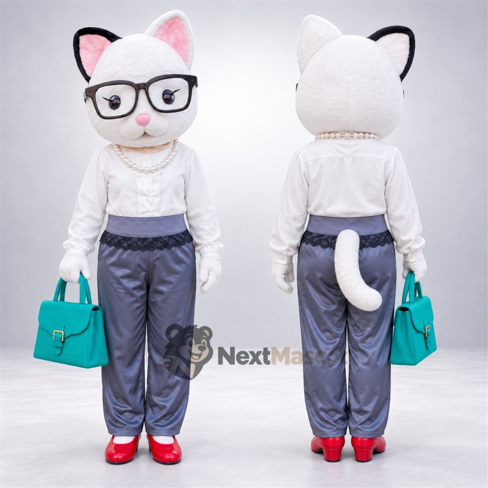 Cat Mascot Costume - White, Glasses Cat Mascot Costume - White, Glasses