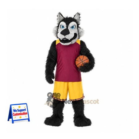 Wolf Mascot Costume - Burgundy and Yellow Basketball Uniform Wolf Mascot Costume - Burgundy and Yellow Basketball Uniform