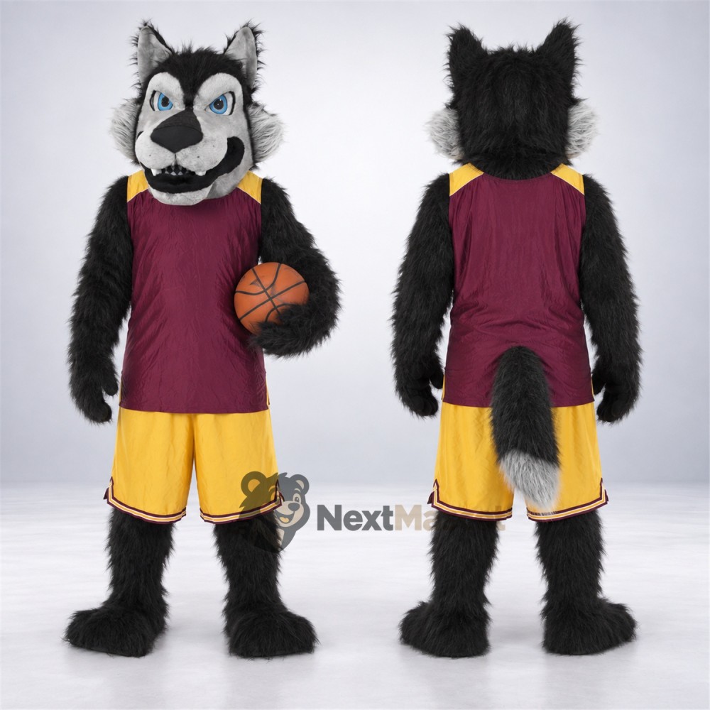 Wolf Mascot Costume - Burgundy and Yellow Basketball Uniform Wolf Mascot Costume - Burgundy and Yellow Basketball Uniform