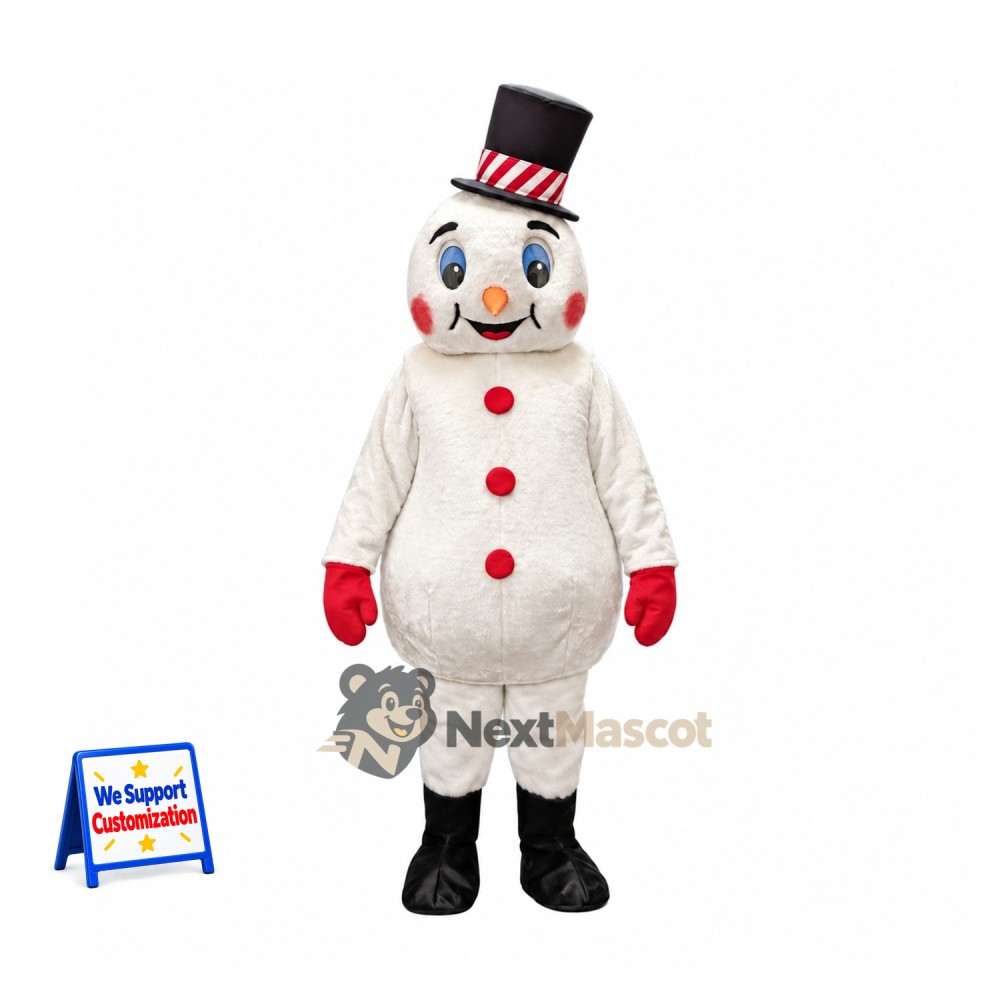 Snowman Mascot Costume - Striped Top Hat Snowman Mascot Costume - Striped Top Hat