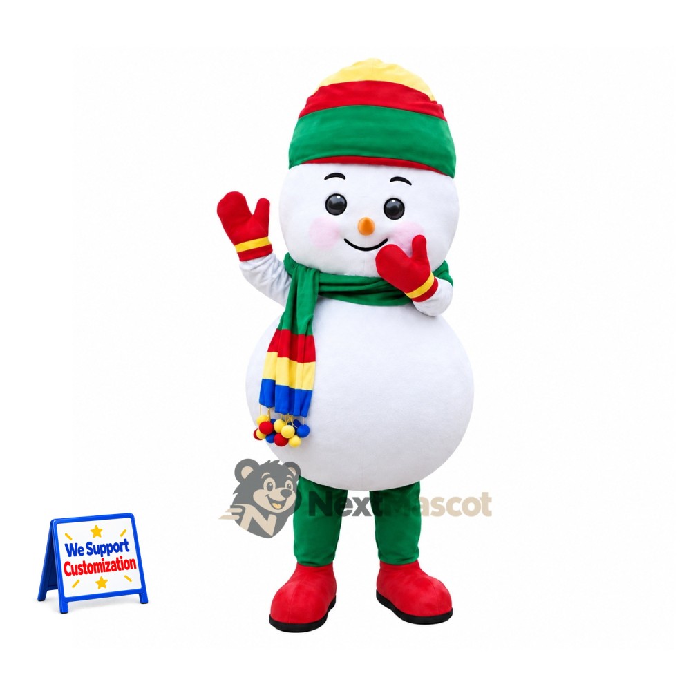 Snowman Mascot Costume - Rainbow Scarf Snowman Mascot Costume - Rainbow Scarf