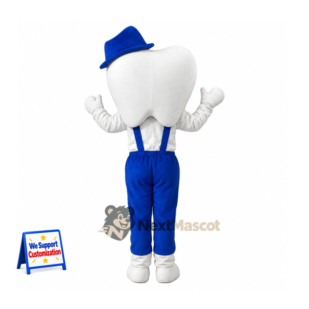 Tooth Mascot Costume - Blue Overalls Tooth Mascot Costume - Blue Overalls