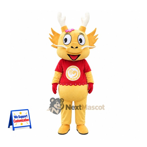 Dragon Mascot Costume - Yellow, Red Shirt
