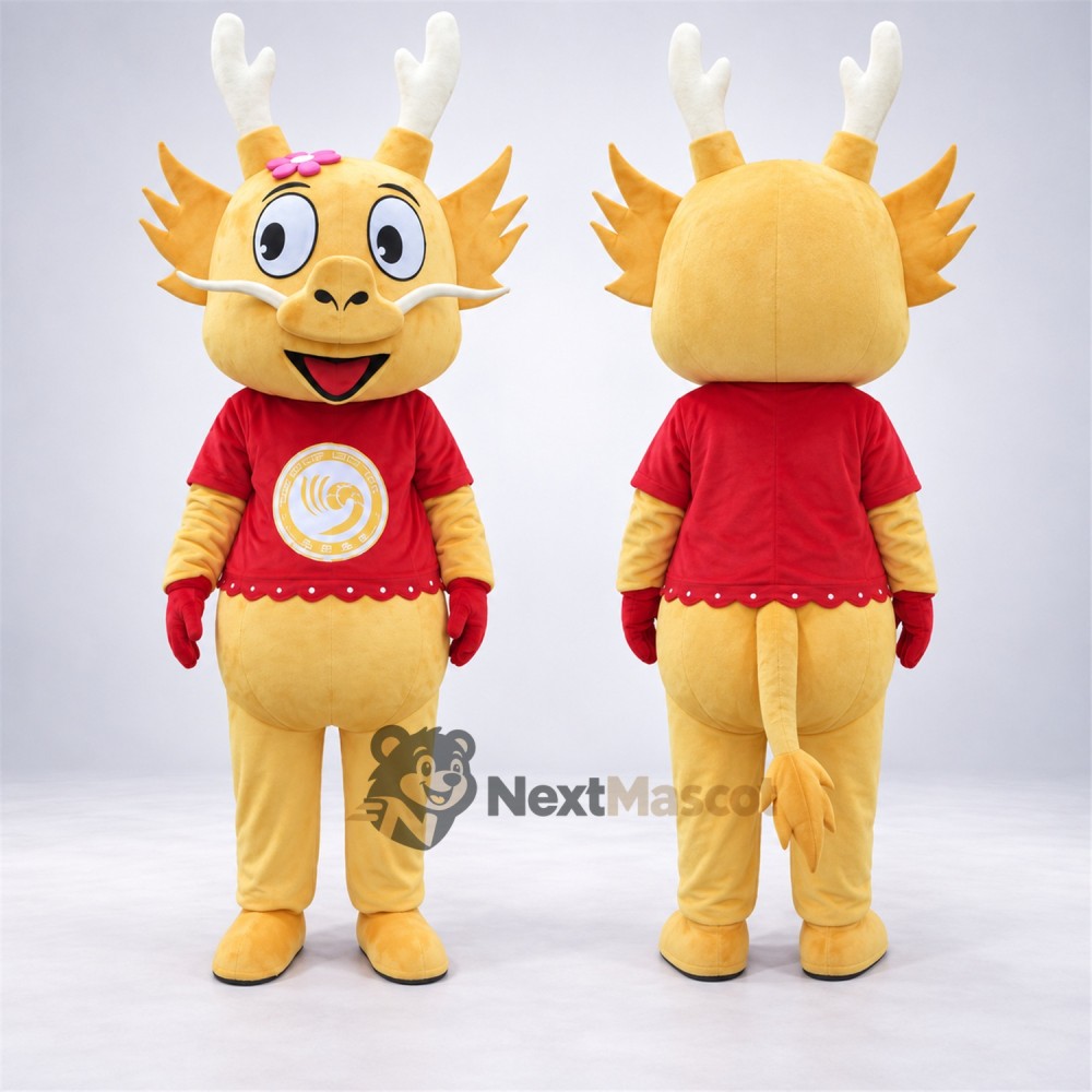Dragon Mascot Costume - Yellow, Red Shirt Dragon Mascot Costume - Yellow, Red Shirt