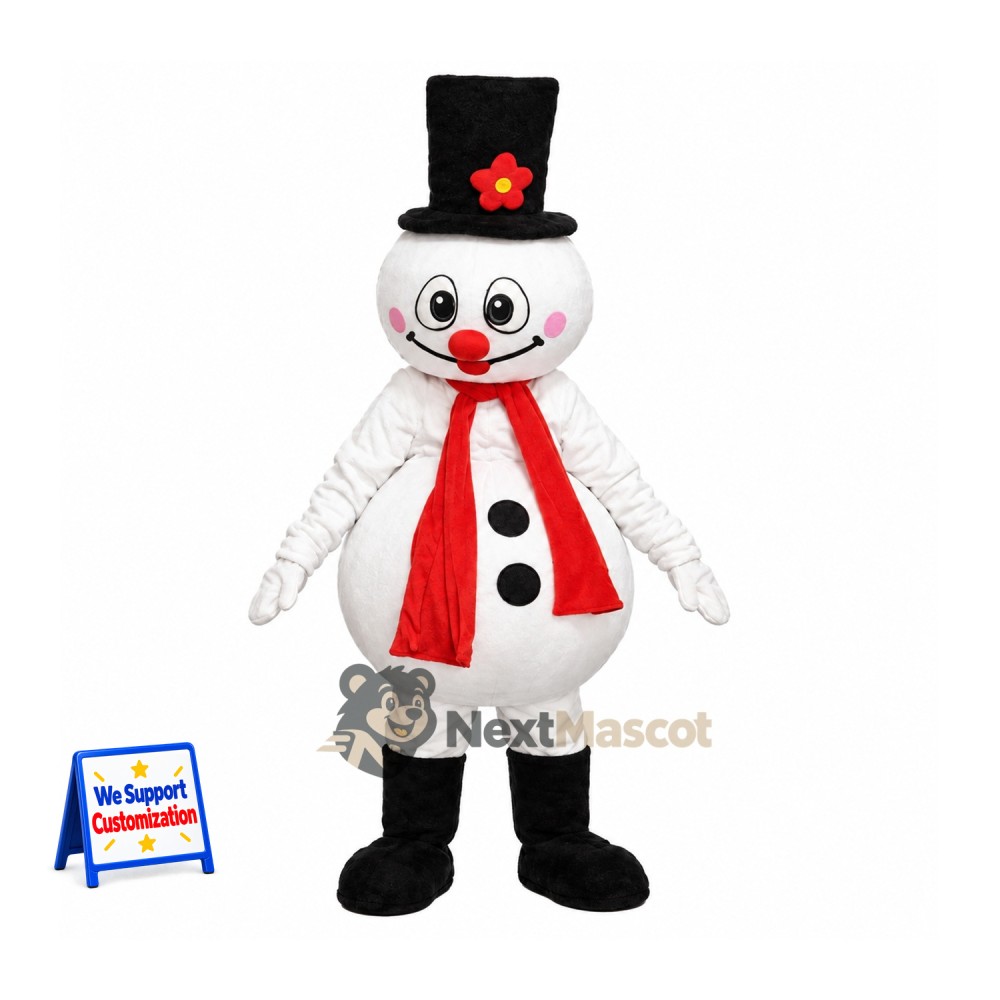 Snowman Mascot Costume - Black Hat for Winter Festivals Snowman Mascot Costume - Black Hat for Winter Festivals