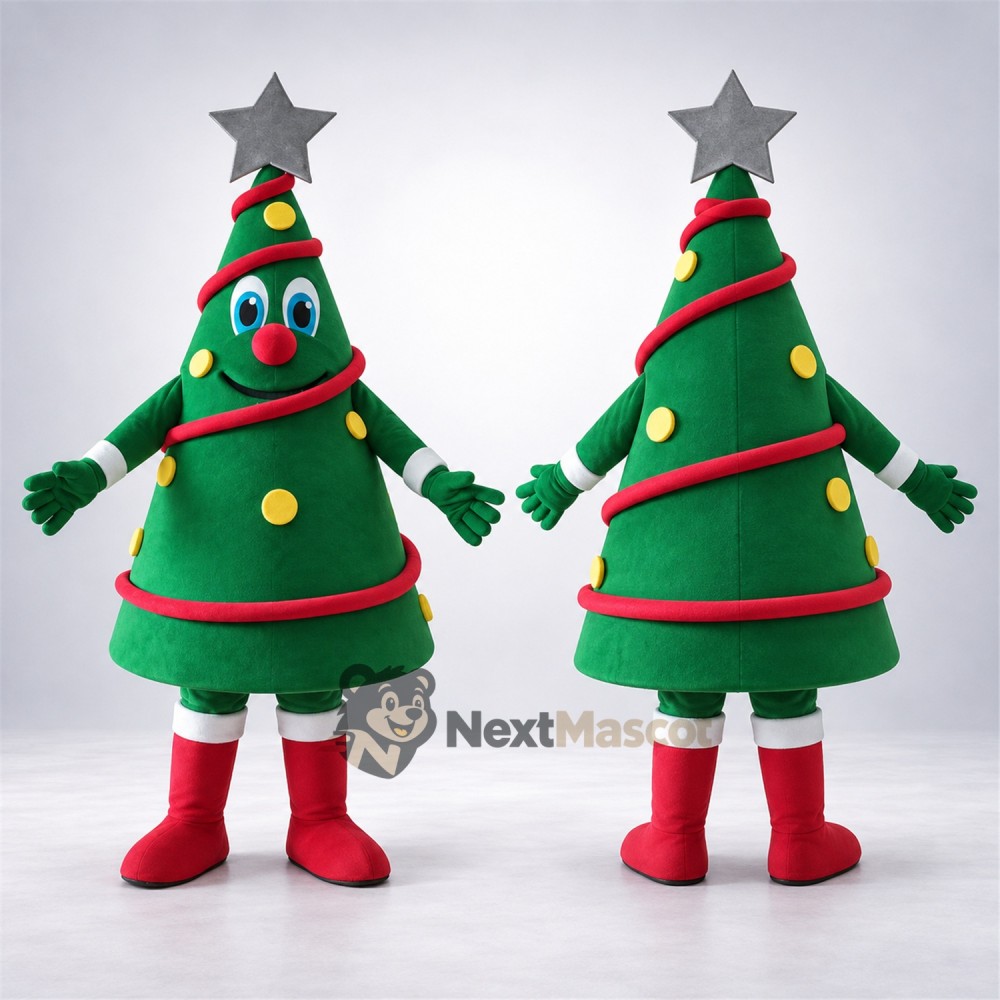 Christmas Tree Mascot Costume - Silver Star and Red Boots Christmas Tree Mascot Costume - Silver Star and Red Boots