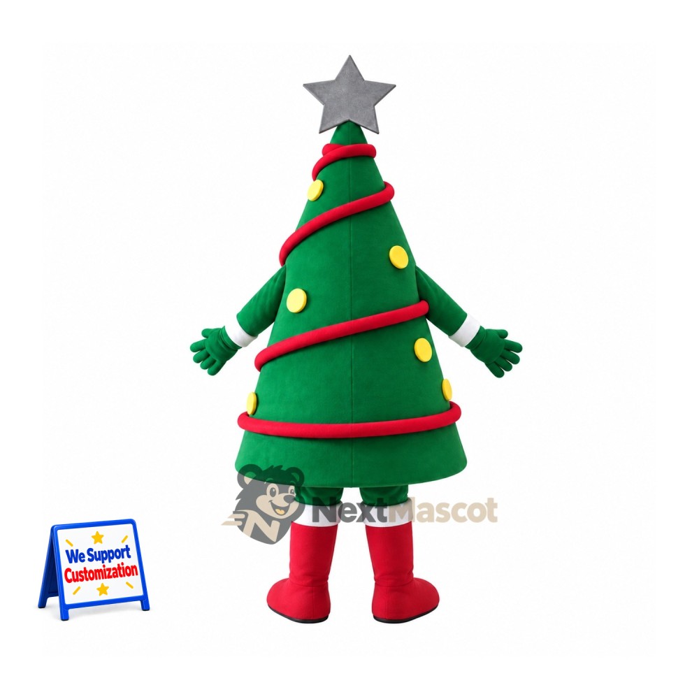 Christmas Tree Mascot Costume - Silver Star and Red Boots Christmas Tree Mascot Costume - Silver Star and Red Boots