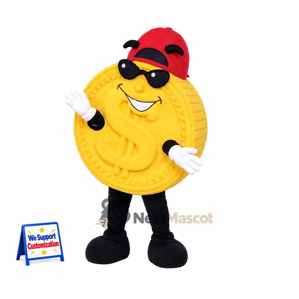 Coin Mascot Costume - Gold, Sunglasses for Parades Coin Mascot Costume - Gold, Sunglasses for Parades