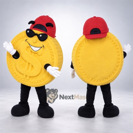 Coin Mascot Costume - Gold, Sunglasses for Parades Coin Mascot Costume - Gold, Sunglasses for Parades
