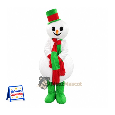 Snowman Mascot Costume - Green Scarf for Christmas Events Snowman Mascot Costume - Green Scarf for Christmas Events