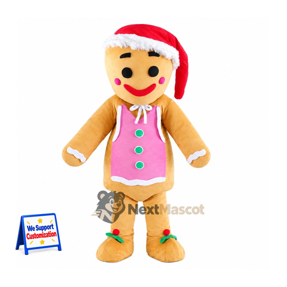 Gingerbread Man Mascot Costume - Santa Hat Gingerbread Man Mascot Costume - Santa Hat