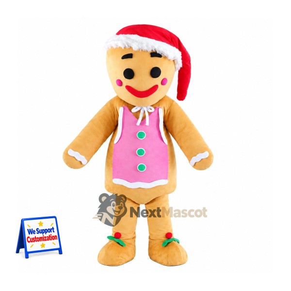 Gingerbread Man Mascot Costume - Santa Hat