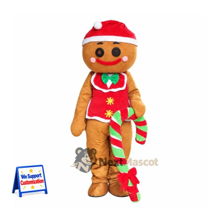 Gingerbread Man Mascot Costume - Candy Cane and Red Vest Gingerbread Man Mascot Costume - Candy Cane and Red Vest