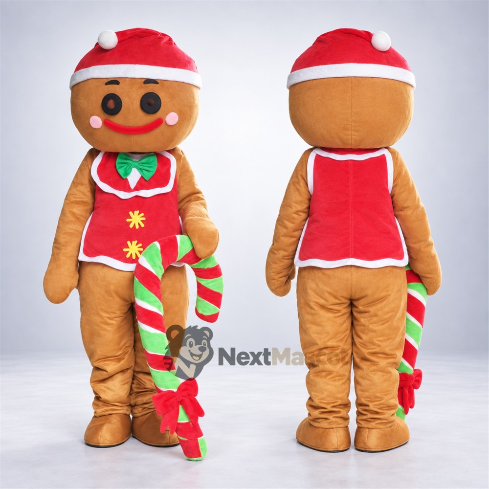 Gingerbread Man Mascot Costume - Candy Cane and Red Vest Gingerbread Man Mascot Costume - Candy Cane and Red Vest