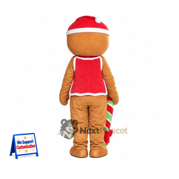 Gingerbread Man Mascot Costume - Candy Cane and Red Vest Gingerbread Man Mascot Costume - Candy Cane and Red Vest