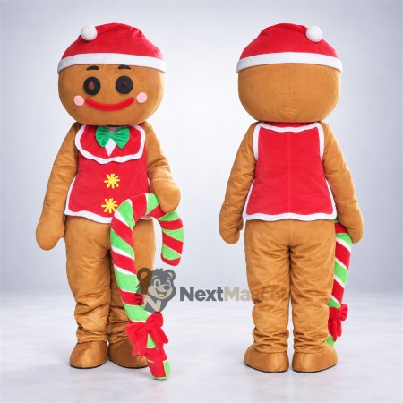 Gingerbread Man Mascot Costume - Candy Cane and Red Vest Gingerbread Man Mascot Costume - Candy Cane and Red Vest