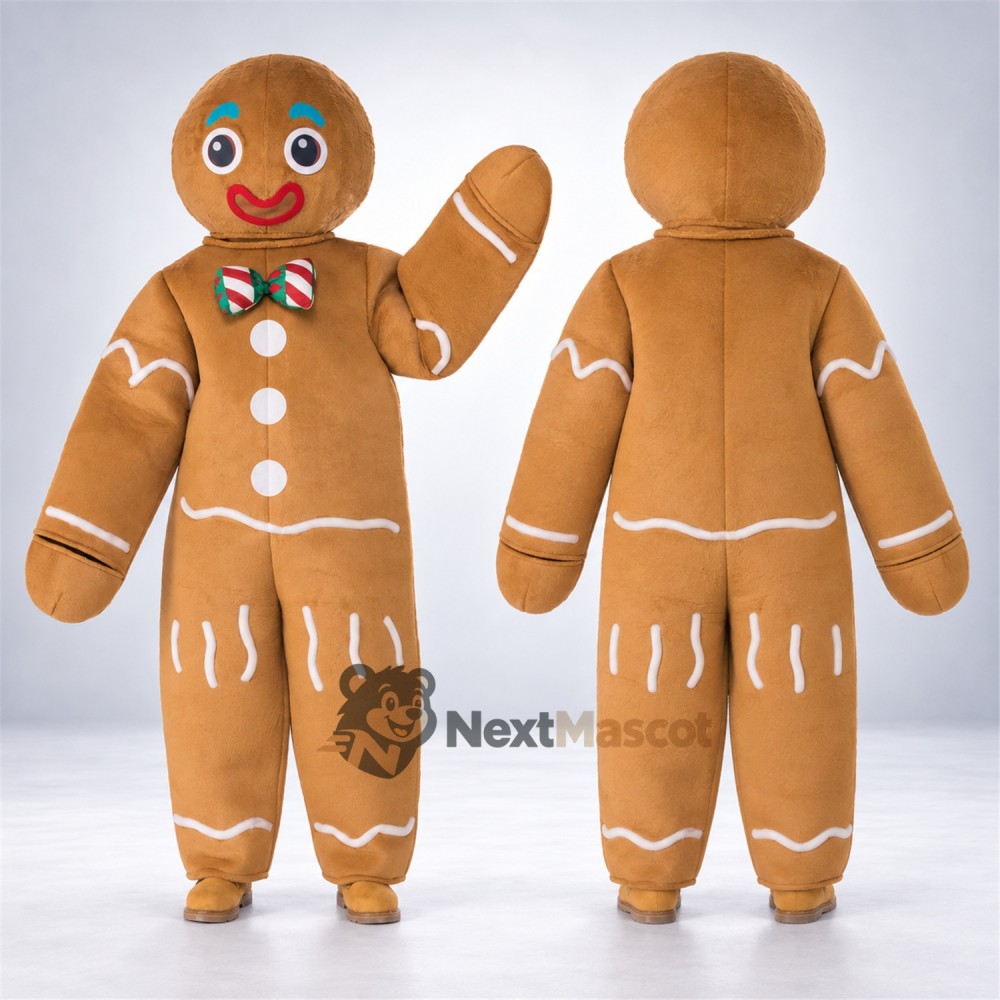 Gingerbread Man Mascot Costume - White Icing Bow Tie Gingerbread Man Mascot Costume - White Icing Bow Tie