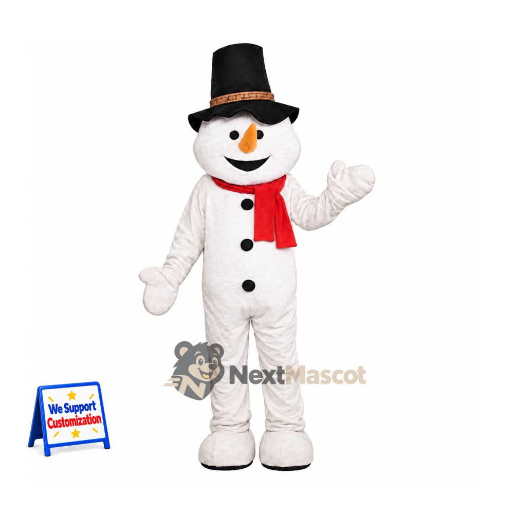 Snowman Mascot Costume - Black Hat for Santa Visits Snowman Mascot Costume - Black Hat for Santa Visits
