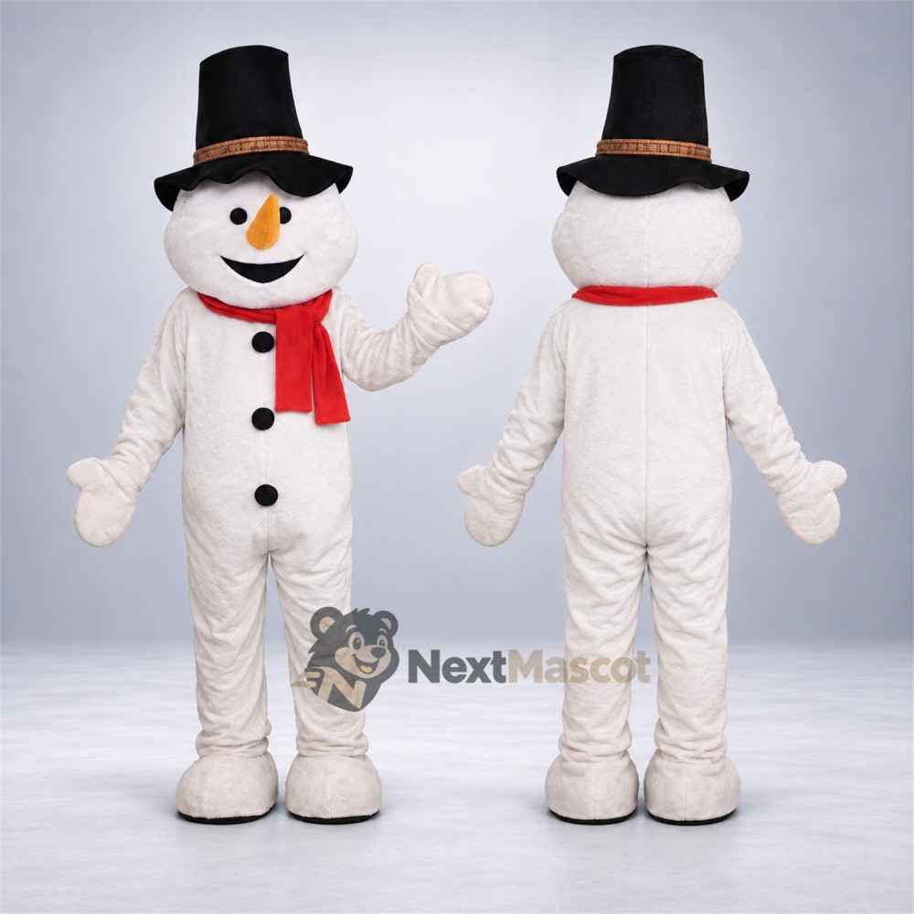 Snowman Mascot Costume - Black Hat for Santa Visits Snowman Mascot Costume - Black Hat for Santa Visits
