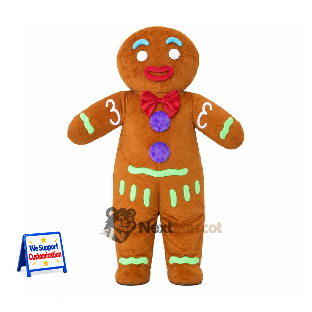 Gingerbread Man Mascot Costume - Purple Bow Tie Gingerbread Man Mascot Costume - Purple Bow Tie